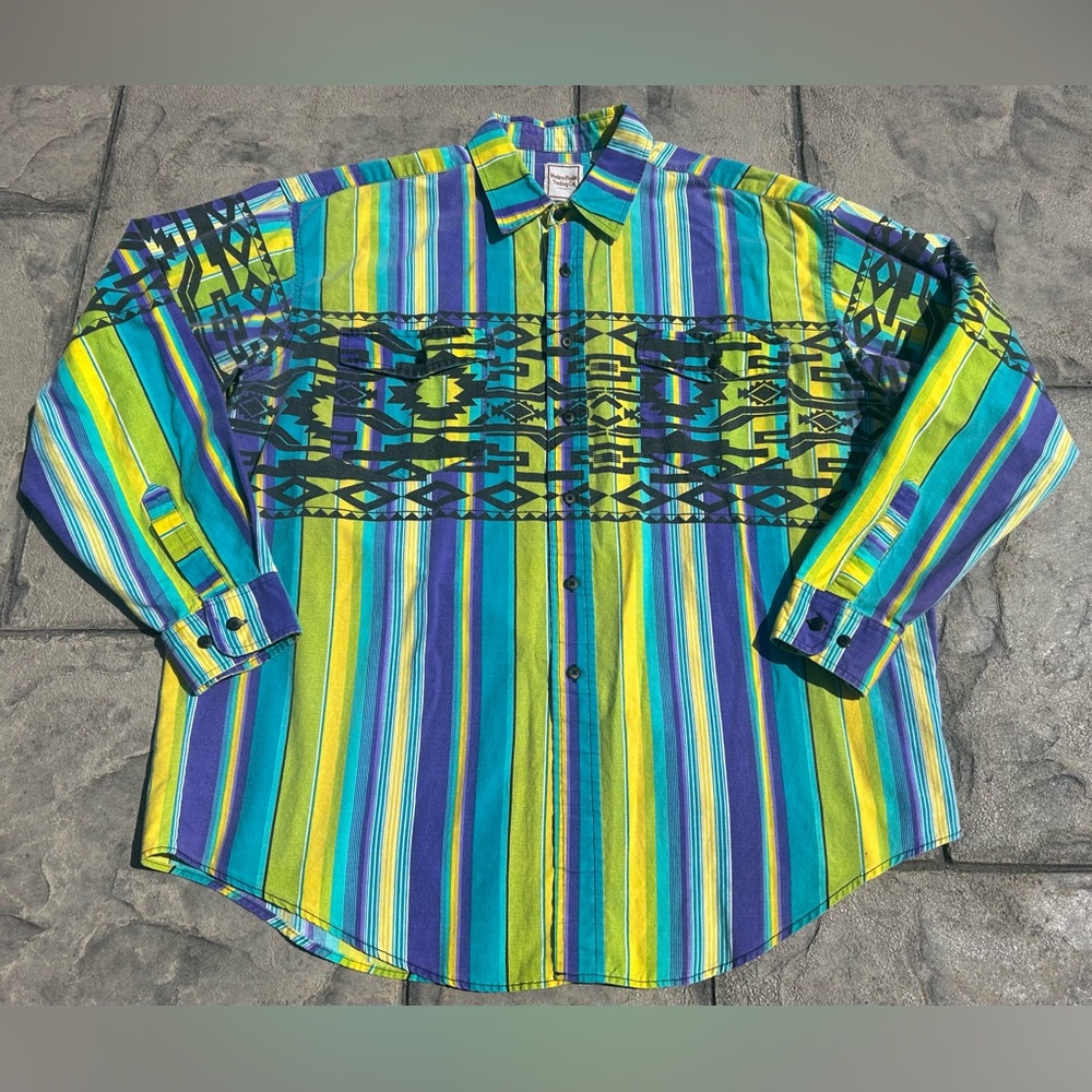 Vintage 80s Western Plains Trading Co bold neon southwestern shirt XL